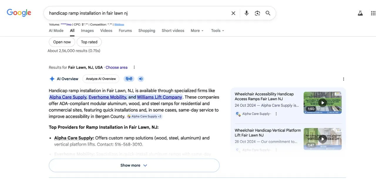 Google AI Overview names Everhome Mobility as a top provider for handicap ramp installation in Fair Lawn NJ